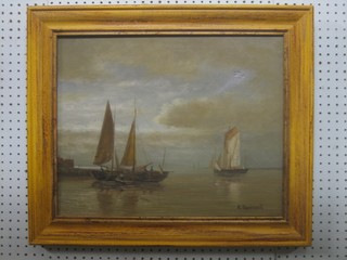 R E Driscoll, oil on canvas "Fishing Boats off Cape Cod" 15" x 19" (slight hole)