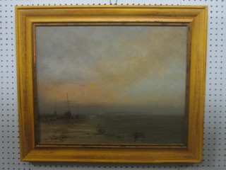R E Driscoll oil on canvas "Fishing Boats with Figures Off Cape Cod" 15" x 19" indistinctly signed 