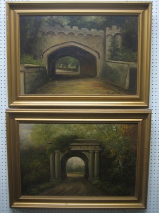 T Ward, pair of oil paintings on board "The Lower Arch Weston and Weston Avenue Arch" 15" x 23"