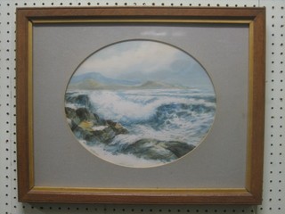 D James, watercolour  "Seascape, Rocky Coastline" 9" oval