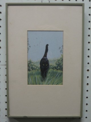 Celia Pike, watercolour "Walking Black Cat" 6" x 3"