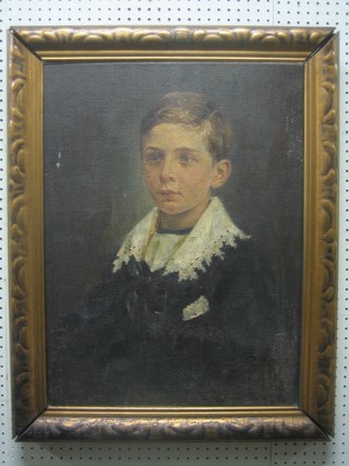 Oil on canvas head and shoulders portrait "Young Boy" inscribed bottom right and dated 1917 indistinctly signed 25" x 19"