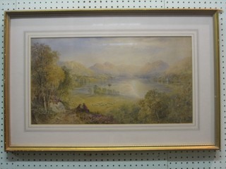 Cornelius Parsons, watercolour "Mountain Loch with Figures, Sheep" 11" x 21" signed and dated 1871