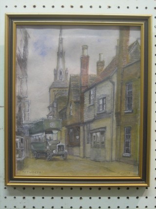 P Davies, acrylic and mixed media "Street Scene with Petworth Omnibus" 12" x 9 1/2"
