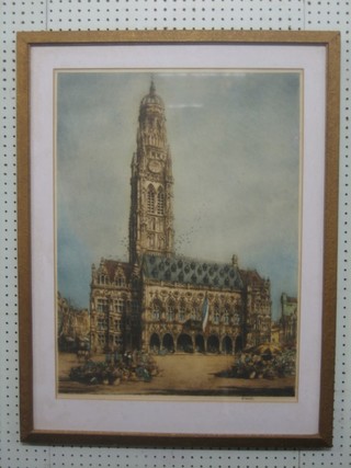 A Continental coloured etching "French Town Hall in Market Square" 25" x 18 1/2" indistinctly signed