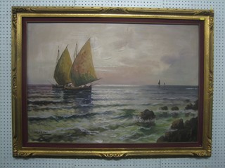 Mancihi, oil on canvas "Sea Scape with Fishing Boats" 27" x 39" 