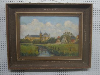 J Lucke, Continental oil on board "Chateau" 14" x 20" signed and dated '44