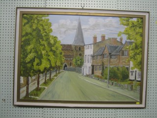 E Knight, oil on board "St Mary The Virgin and Causeway Horsham" 23" x 33"