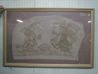 Mexican School, drawing on leather panel "Mythical Figures" 19" x 32"
