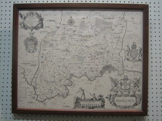 A reproduction monochrome map "Middlesex" 16" x 20" contained in an oak frame and 2 coloured prints "Bristol"