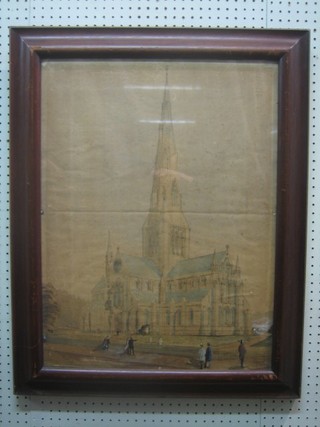 19th Century watercolour "Cathedral with Figures" 25" x 19" (some foxing and folds)