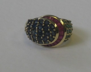 A 9ct gold signet ring set rubies, emeralds and sapphires
