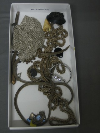 A carved "jet" portrait brooch of a lady, a chain mail evening bag and a collection of costume jewellery