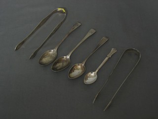 2 pairs of Georgian silver sugar tongs and 4 various silver spoons, 4 ozs