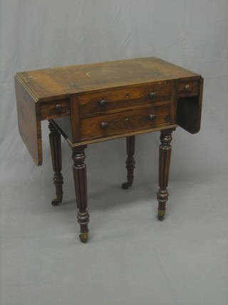 A William IV rectangular rosewood drop flap work table, fitted 2 long drawers flanked by 2 short drawers, raised on turned and reeded supports 26"