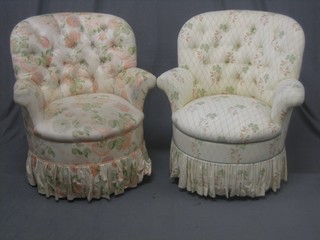 A mahogany framed armchair upholstered in buttoned floral material  together with a similar armchair
