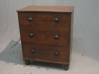 A 19th Century mahogany chest of 3 long drawers raised on bun feet 28"