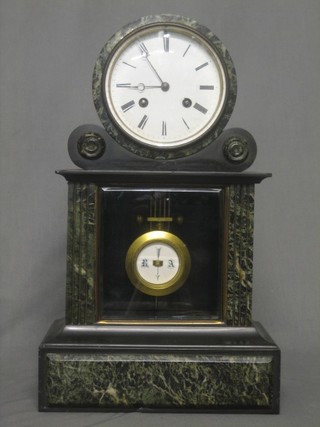 A handsome Victorian 8 day striking mantel clock with enamelled dial and Roman numerals contained in a 2 colour drum marble case, the reverse with label marked Jappy Bros