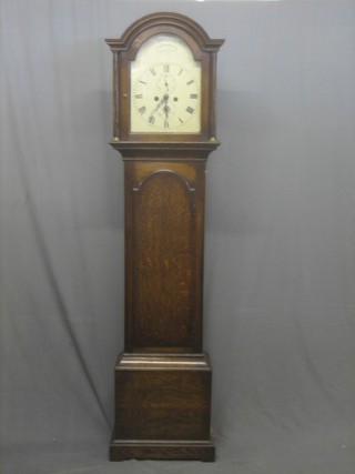 An 18th Century 30 hour striking longcase clock, the 12" arched dial painted and marked Richard Fowel East Grinstead, having a subsidiary second hand and calendar hand (replacement hour and minute hands) contained in an oak case 79" 