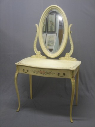 A French style painted dressing table with oval bevelled plate mirror, the base of serpentine outline fitted a drawer and raised on cabriole supports 32"