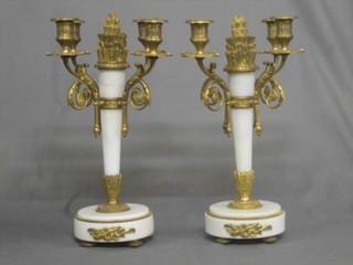 A pair of gilt metal and alabaster 4 light candelabrum 15" 