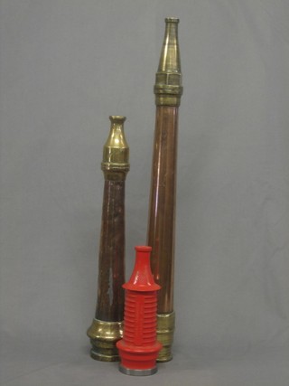 A copper and brass fire hose nozzle 5", 1 other marked JD & S 18" and a plastic nozzle 8"