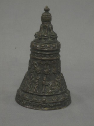 A 19th Century cast bronze table bell decorated dolphins and various figures 7"