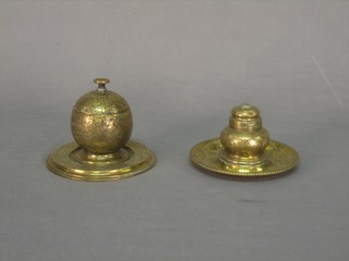 A Victorian engraved brass inkwell of globular form with hinged lid 3" and 1 other