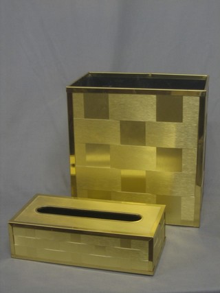 A rectangular American gilt waste paper basket by Style Built together with a tissue holder 10"