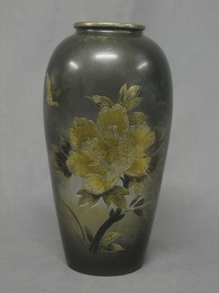 A Japanese metal vase with engraved floral decoration 9"