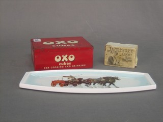 An old Oxo tin, a coal box with Wristlet Crochet ball holder, a rectangular tray decorated a brewery dray