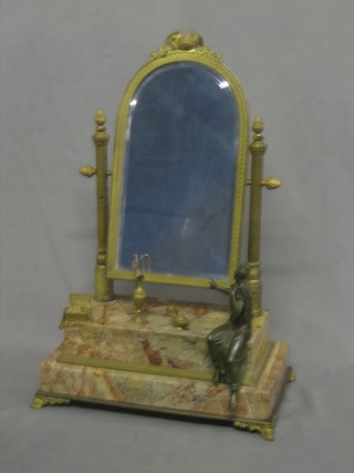 A handsome 19th Century arched plate dressing table mirror contained in a gilt metal frame surmounted by a pair of birds on nest, raised on a stepped pink veined marble base sat a bronze classical figure of a lady 10" 