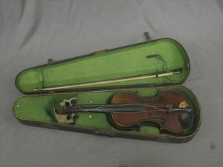 A violin with 2 piece back 14", labelled M Neuner 1872 complete with bow and contained in a wooden case marked Edward Whiters