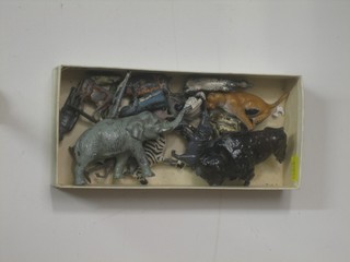 A metal figure of a Buffalo, do. lion and a collection of other metal Zoo figures