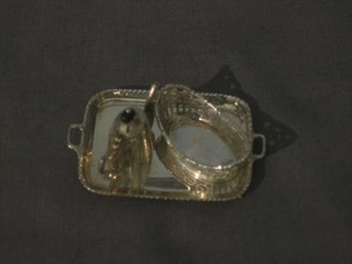A dolls house silver twin handled tea tray 1 1/2", do. teapot 1/2", oval basket 1"