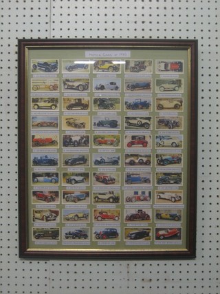 A collection of cigar cards of 1920's motorcars, framed