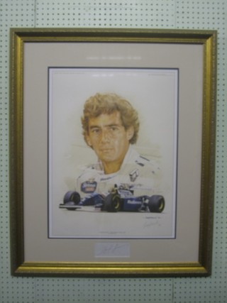 Ayrton Senna, a limited edition coloured print with with a card  signed by Ayrton Senna to base  24" x 18"