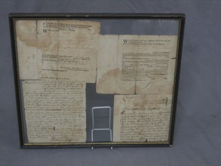 4 various Georgian letters/legal documents  in connection with the Sheriff of The County of Kent and His Deputies Greetings, contained in a Hogarth frame 