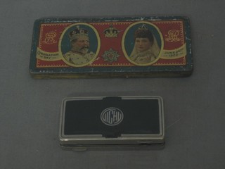 A Rowntrees chocolate tin to commemorate the Coronation of Edward VII together with a rectangular metal chromium plated compact