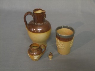 A salt glazed jug 7", a Doulton salt glazed beaker with pewter rim 4", Doulton Harvestware jug 3" and a miniature bottle (f)