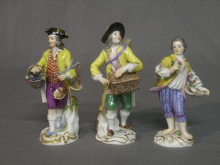 3 Meissen style figures of gardeners all wearing yellow coats,  the bases impressed 1372 4 1070, 19119Y A 19, 5" (3)