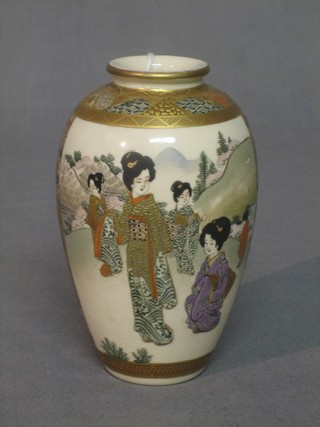 A 19th Century  Japanese Satsuma vase with panelled decoration depicting Geisha girls, the base with 4 character mark 5" high