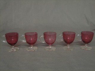 5 19th Century cranberry custard glasses with clear glass handles and stems (1f) 