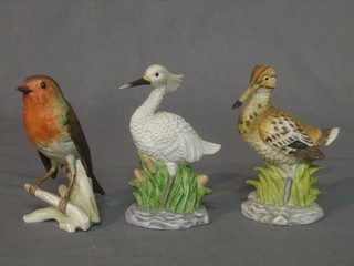 A Goebel figure of a seated robin 5" and 2 other biscuit porcelain figures of birds 5"