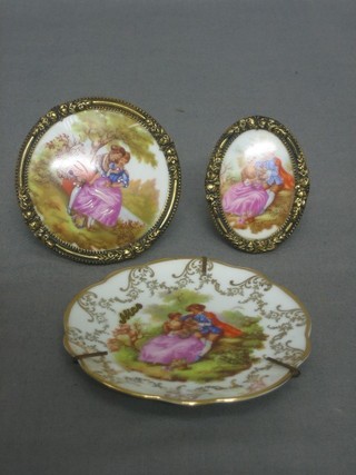 A Limoges circular porcelain plate decorated Romantic scenes 3 1/2" and 2 panels 2"