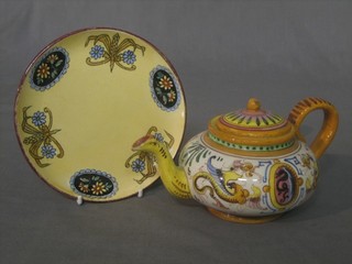 A Continental Majolica style teapot 4" and a similar plate 6"