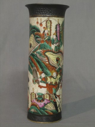 An Oriental cylindrical vase with crackle glazed decoration and decorated Warriors 12" 