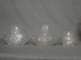3 various cut glass bowls in the form of baskets 8"