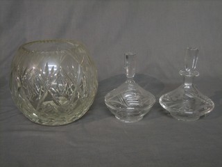 A globular shaped cut glass bowl 7", a cut glass dressing table jar and scent bottle 6"