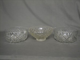 3 various circular cut glass bowls 8"